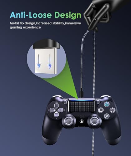 6amLifestyle شاحن وحدة التحكم PS4 من 6amLifestyle وكابل شحن، عبوة 2، كابل ميكرو USB 2.0 بطول 10 أقدام، سلك مضفر من النايلون، لوحدات التحكم PS4 و PS4 Slim/Pro و Xbox One S/X، هواتف أندرويد، أسود+أزرق - Image 5