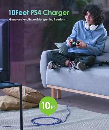 6amLifestyle شاحن وحدة التحكم PS4 من 6amLifestyle وكابل شحن، عبوة 2، كابل ميكرو USB 2.0 بطول 10 أقدام، سلك مضفر من النايلون، لوحدات التحكم PS4 و PS4 Slim/Pro و Xbox One S/X، هواتف أندرويد، أسود+أزرق - Image 2