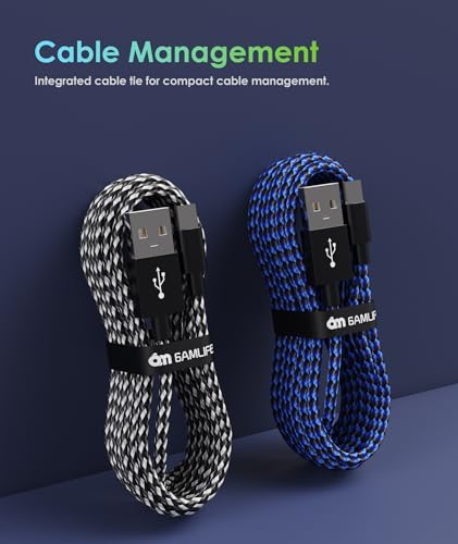 6amLifestyle شاحن وحدة التحكم PS4 من 6amLifestyle وكابل شحن، عبوة 2، كابل ميكرو USB 2.0 بطول 10 أقدام، سلك مضفر من النايلون، لوحدات التحكم PS4 و PS4 Slim/Pro و Xbox One S/X، هواتف أندرويد، أسود+أزرق - Image 4
