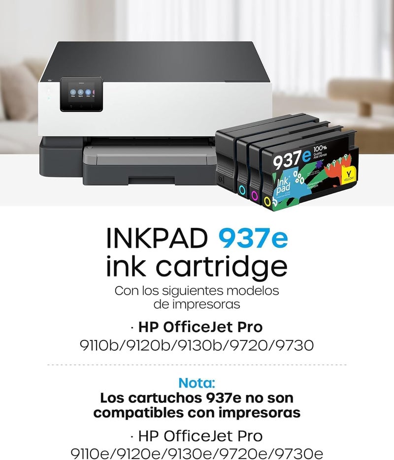 iNKPAD 937XL Ink Cartridges with Chip Replacement for HP 937 937e Ink Cartridges Multipack Compatible for HP OfficeJet Pro 9720 9730 9110b 9120b 9130b Printer (1 Black, 1 Cyan, 1 Magenta, 1 Yellow) - Image 2