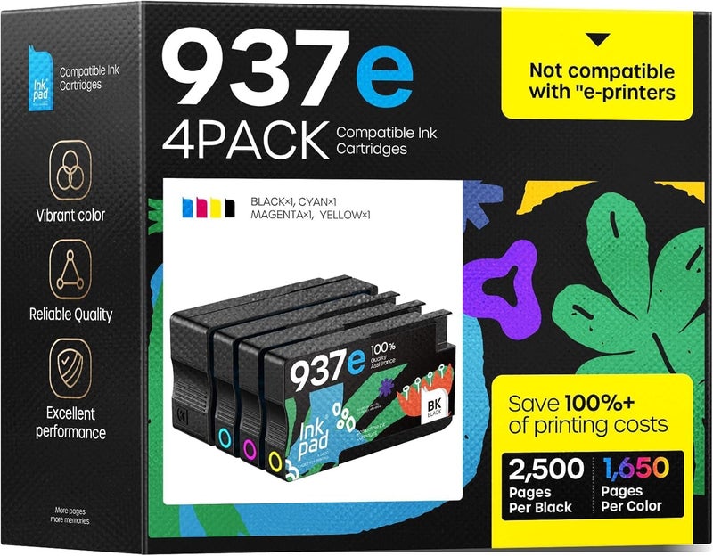 iNKPAD 937XL Ink Cartridges with Chip Replacement for HP 937 937e Ink Cartridges Multipack Compatible for HP OfficeJet Pro 9720 9730 9110b 9120b 9130b Printer (1 Black, 1 Cyan, 1 Magenta, 1 Yellow) - Image 1
