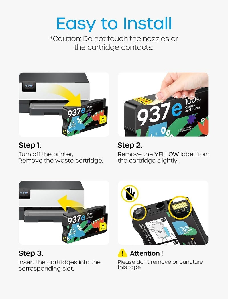 iNKPAD 937XL Ink Cartridges with Chip Replacement for HP 937 937e Ink Cartridges Multipack Compatible for HP OfficeJet Pro 9720 9730 9110b 9120b 9130b Printer (1 Black, 1 Cyan, 1 Magenta, 1 Yellow) - Image 5