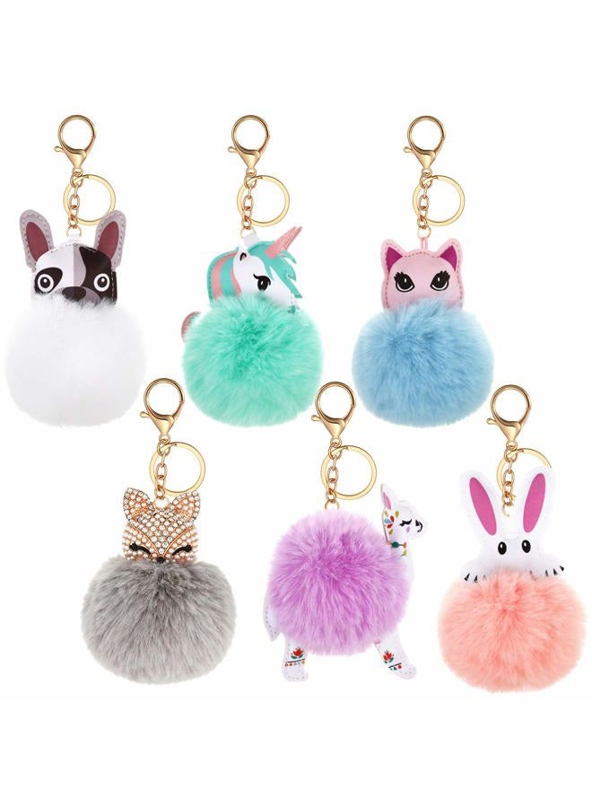 WILLBOND 6 Pieces Cute Animal Pom Pom Keychain Faux Fur Fluffy Key Ring for Women Girls, Sweet Style, 3.15 inch - Image 1