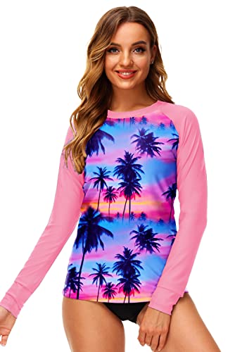 Deerose UPF 50+ Rashguard for Women Long Sleeve Coconut Palm Tree Surfing Print Swim Top M - Image 4