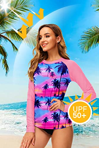 Deerose UPF 50+ Rashguard for Women Long Sleeve Coconut Palm Tree Surfing Print Swim Top M - Image 2