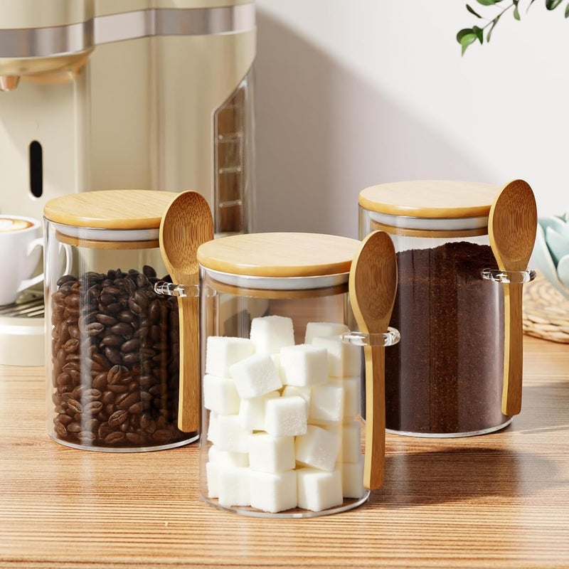 OneDream Glass Sugar Container with Spoon - 1 Pack 15oz Glass Jars with Bamboo Lid and Spoon, Bamboo Lid Storage Jar Containers for Coffee Beans, Spice, Brown Sugar, Tea, Flour, Nuts, Candy, Salts and More - Image 3