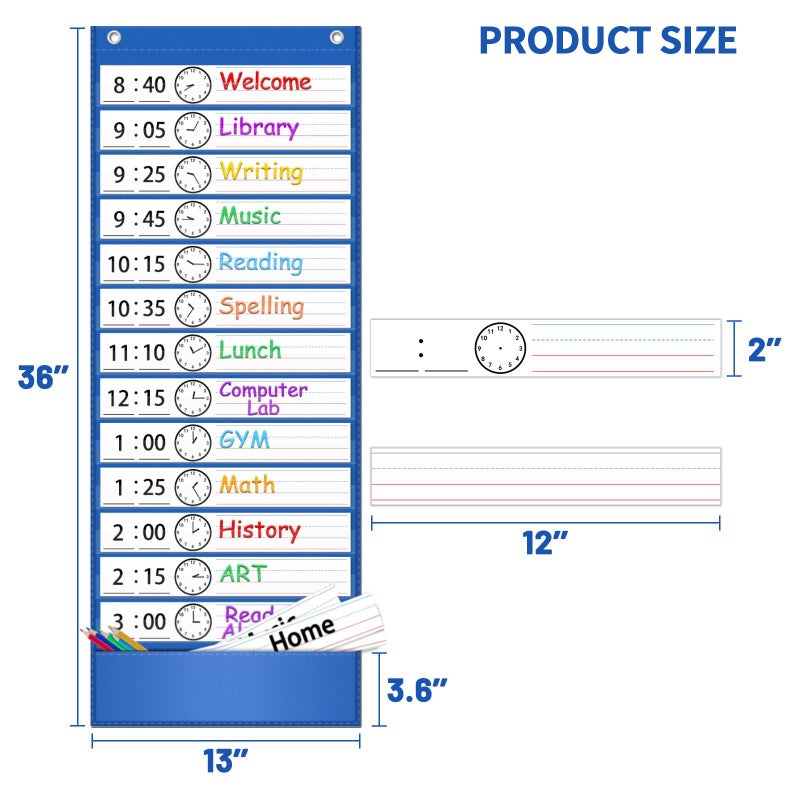 ZKOO Daily Schedule Pocket Chart, School Schedule Pocket Chart with 18 Blank Double-Sided Reusable Cards, Teaching Scheduling Pockets Charts for Classroom 13+1 Pockets (Blue) - Image 2