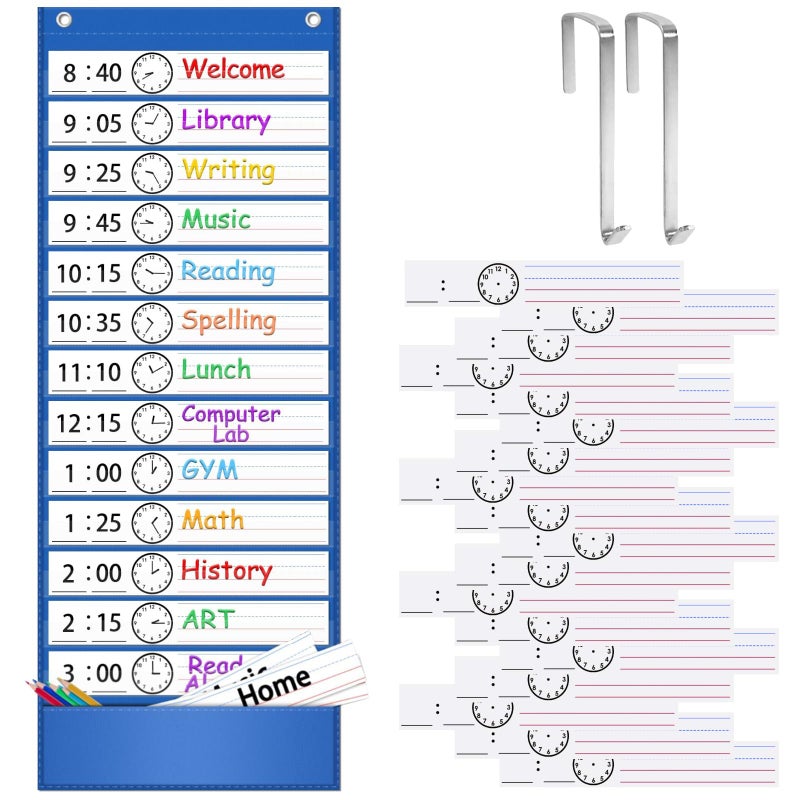 ZKOO Daily Schedule Pocket Chart, School Schedule Pocket Chart with 18 Blank Double-Sided Reusable Cards, Teaching Scheduling Pockets Charts for Classroom 13+1 Pockets (Blue) - Image 1