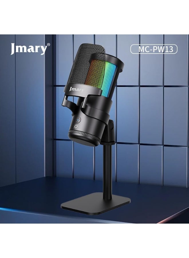 USB Podcast Microphone RGB for PC & Laptop, Professional Condenser Mic with Tap-to-Mute, Gain Knob, Noise Cancellation, Zero-Latency Headphone Monitoring, RGB Lighting, 360° Rotatable Stand – Ideal for Podcasting, Streaming & Gaming