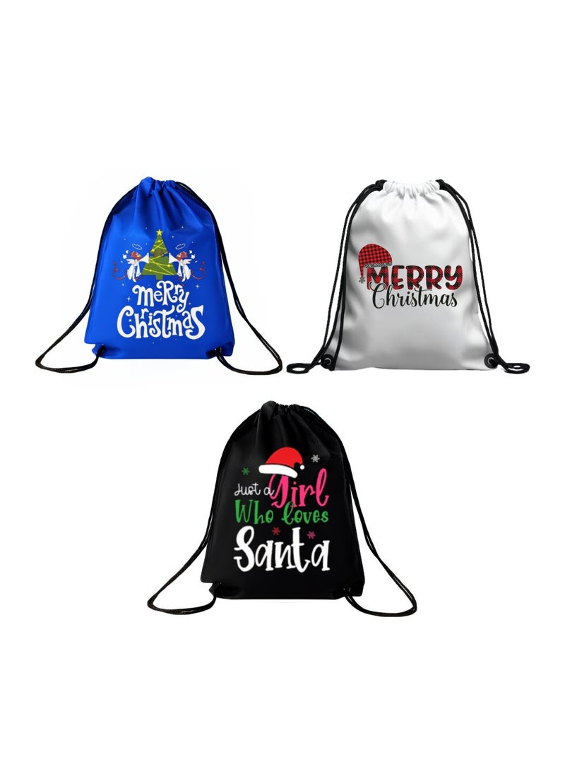 PRINTSHOP4ME Pack Of 3 Drawstring Bags With Christmas Design For Girls-Durable Sports Backpack For Kids,Great For School And Everyday Use,Lightweight With Print For Everyday Use - Image 1