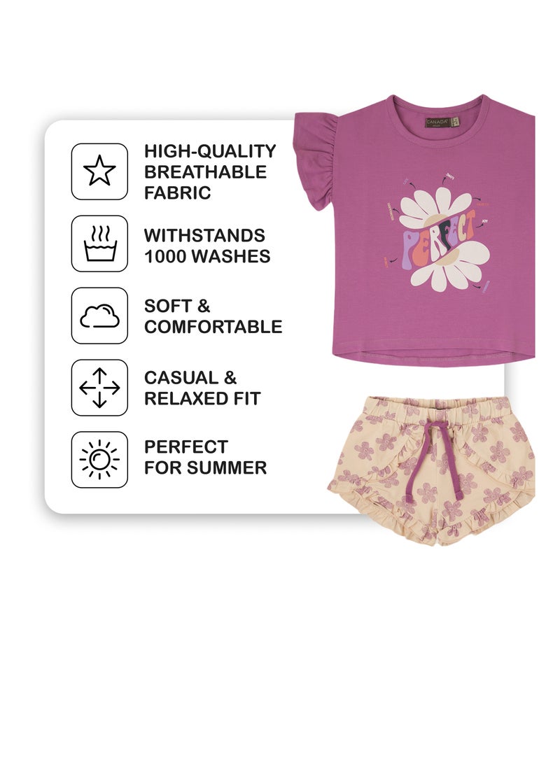 CANADA HOUSE - Soft and Comfortable Purple and Ecru Cotton Summer Set for Girls - Image 1