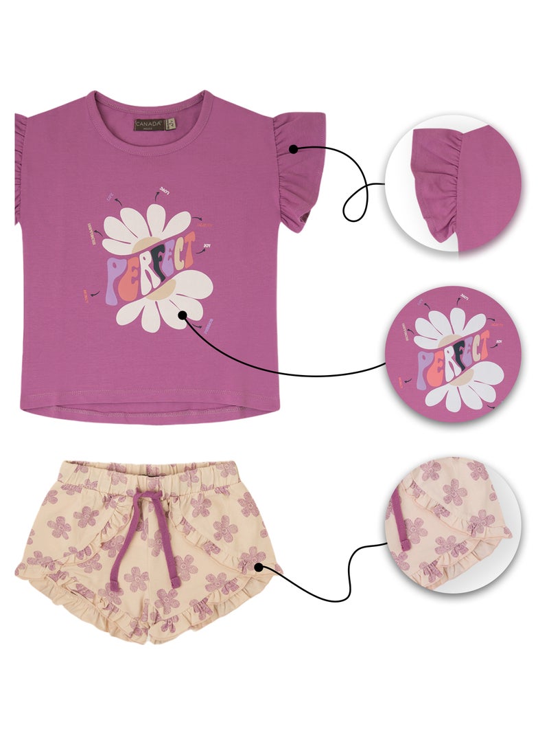 CANADA HOUSE - Soft and Comfortable Purple and Ecru Cotton Summer Set for Girls - Image 1