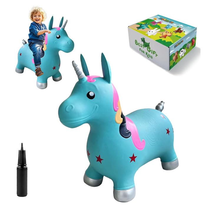 Hot Max HotMax Unicorn Bouncy Horse Toys for 2 Year Old Girl Toddlers Bouncing Animals Ride on Rubber Jumping Toys for Baby Girl or Boy 1st Birthday Gift for 2 3 4 Year Old Blue Unicorn - Image 1