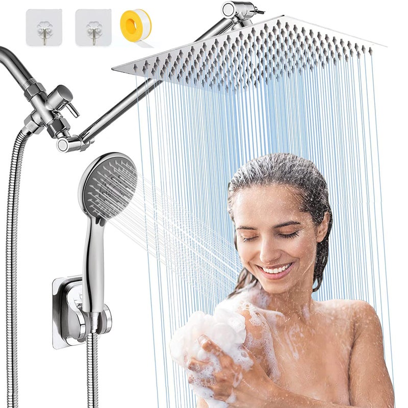 bellearly 10 Rain High Pressure Shower Head with 5 Settings Handheld Showerhead Combo Dual Shower Head with 11 Extension Arm and 78 Long Hose Chrome Square Shower Head Save Water BELLEARLY