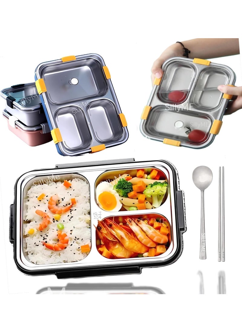 Sillyme - 3 Compartment Lunch box with Steel spoon & chopsticks - Stainless Steel lunch box for office women kids men | tiffin box for office for women , bento box for kids insulated lunch box for school boxes - Image 1