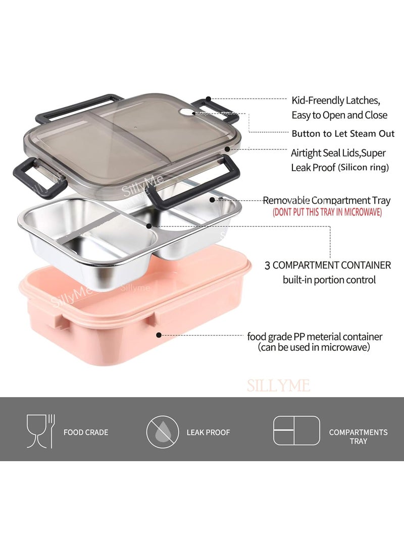 Sillyme - 3 Compartment Lunch box with Steel spoon & chopsticks - Stainless Steel lunch box for office women kids men | tiffin box for office for women , bento box for kids insulated lunch box for school boxes - Image 1