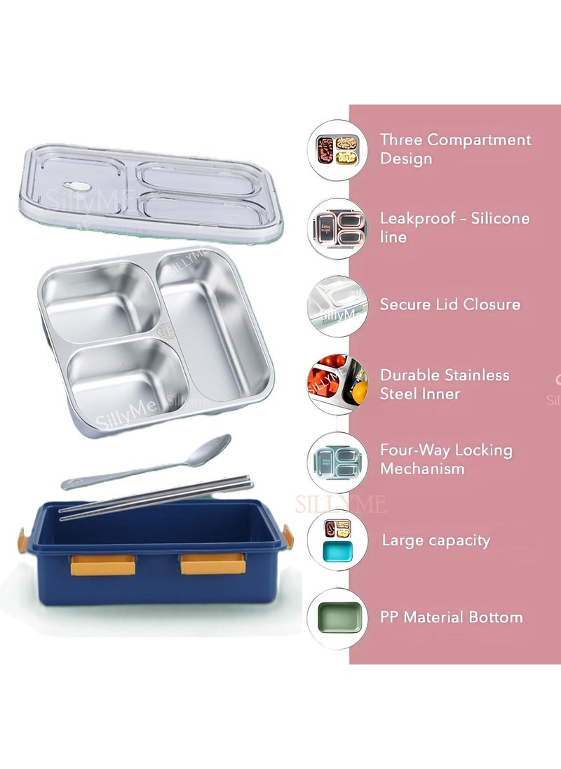 Sillyme - 3 Compartment Lunch box with Steel spoon & chopsticks - Stainless Steel lunch box for office women kids men | tiffin box for office for women , bento box for kids insulated lunch box for school boxes - Image 1