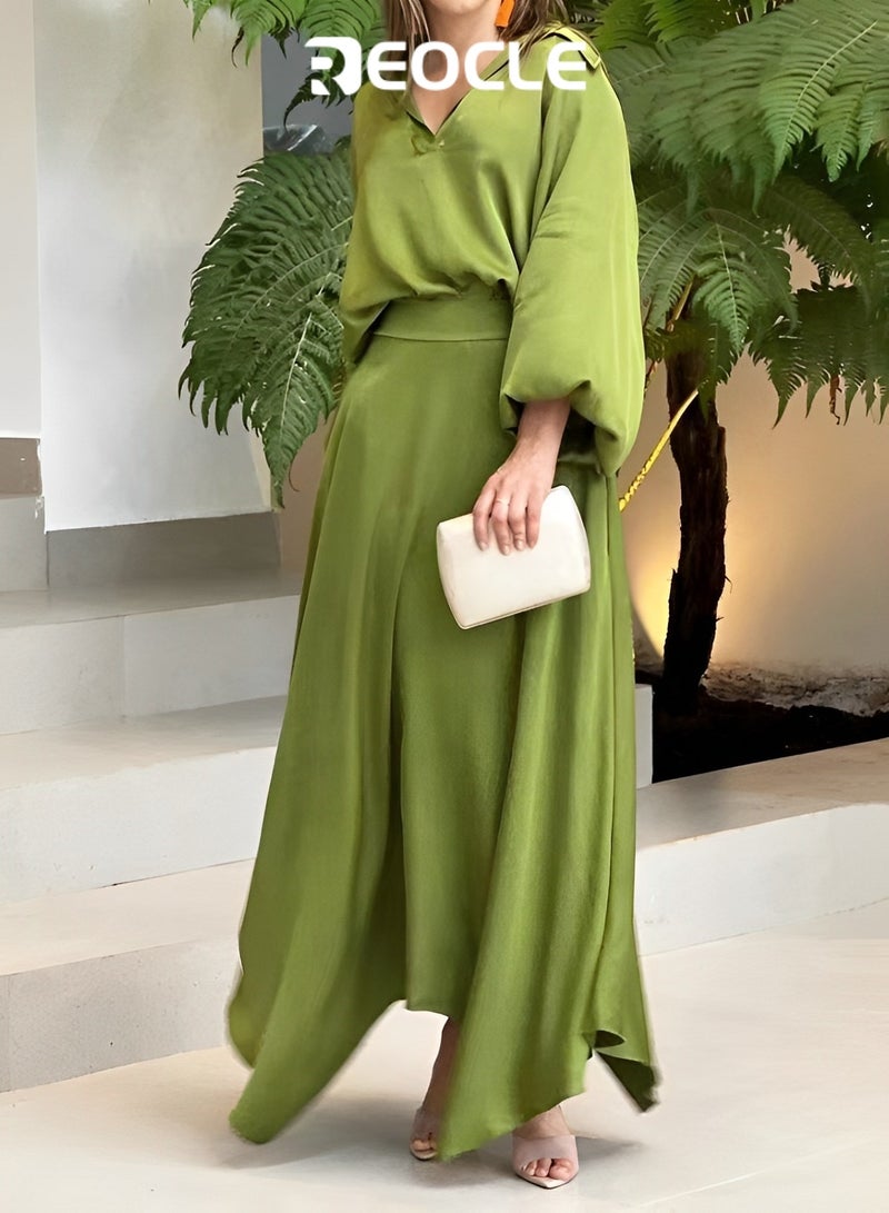 REOCLE Home Suit Autumn Loose Large Size Solid Color Long Sleeve Top High Waist Half Long Skirt Suit Home Clothing Sports Suit  - Image 2