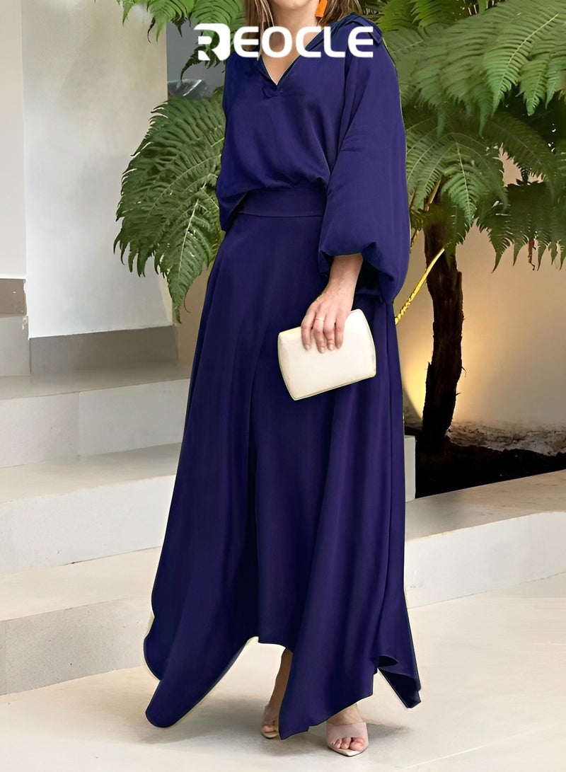 REOCLE Home Suit Autumn Loose Large Size Solid Color Long Sleeve Top High Waist Half Long Skirt Suit Home Clothing Sports Suit  - Image 3