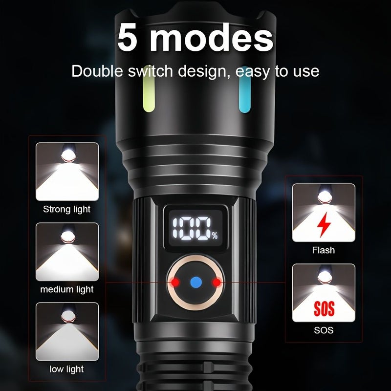 1 كشاف LED قابل لإعادة الشحن عبر USB، بطارية 26650، قوة عالية، مدى طويل 800 متر، 5 أوضاع إضاءة، بطارية مدمجة عالية السعة، هيكل من سبائك الألومنيوم المتينة، مناسب للتخييم والمشي لمسافات طويلة وصيد الأسماك وحالات الطوارئ - Image 2