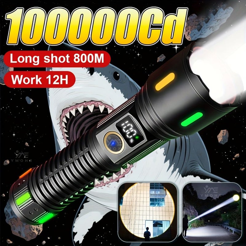 1 كشاف LED قابل لإعادة الشحن عبر USB، بطارية 26650، قوة عالية، مدى طويل 800 متر، 5 أوضاع إضاءة، بطارية مدمجة عالية السعة، هيكل من سبائك الألومنيوم المتينة، مناسب للتخييم والمشي لمسافات طويلة وصيد الأسماك وحالات الطوارئ - Image 1