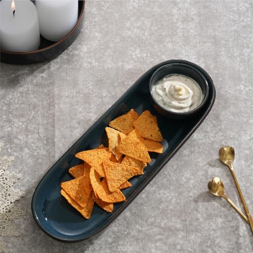 Lifelong Ceramic Serving Platter with Dip Bowl | Stylish Snack Plate Set for Serving French Fries, Pasta, Momos, Nachos & More | Elegant Ceramic Serveware with Chutney & Dip Bowl (LLCRMCB01, Blue) - Image 1
