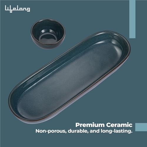 Lifelong Ceramic Serving Platter with Dip Bowl | Stylish Snack Plate Set for Serving French Fries, Pasta, Momos, Nachos & More | Elegant Ceramic Serveware with Chutney & Dip Bowl (LLCRMCB01, Blue) - Image 2