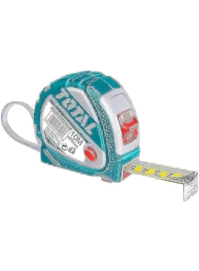 توتال شريط قياس فولاذي 10 متر × 25 مم متري وبوصة 3 زر إيقاف وغطاء مطاطي