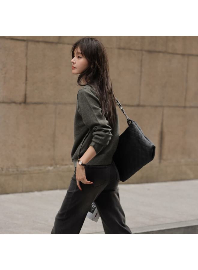 Mt Autumn Spring Casual Simple Colorblock Versatile Solid Color Faux Two-piece Long Sleeve Knit Sweater - Image 4