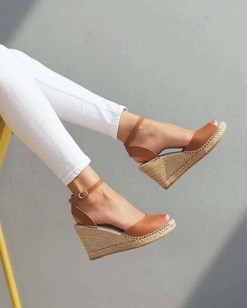 SHOEQ Tan Peep Toe Espadrille Wedge for Women | Best Price UAE