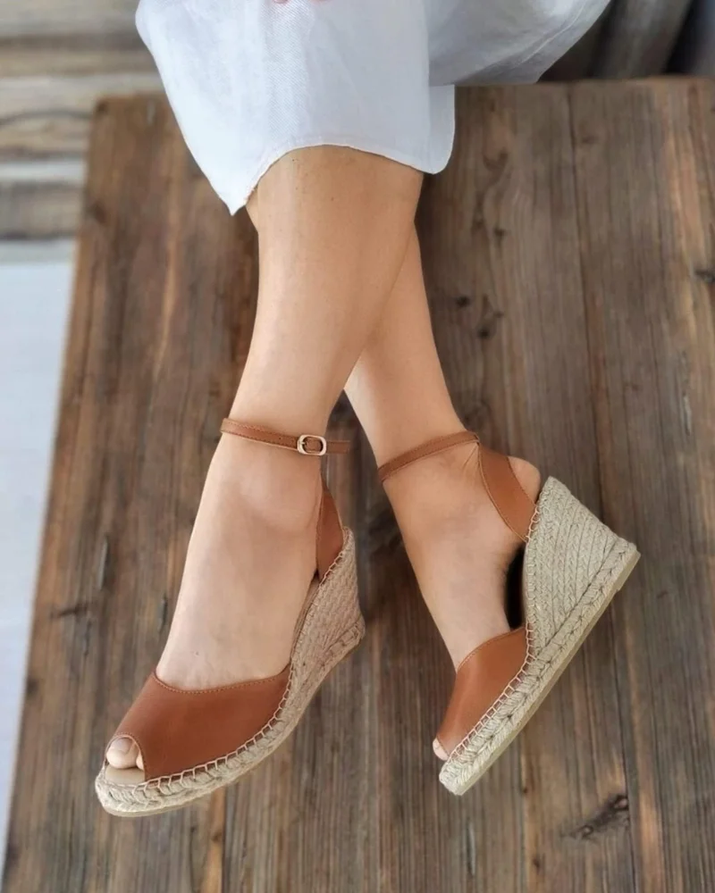 SHOEQ Tan Peep Toe Espadrille Wedge for Women | Best Price UAE