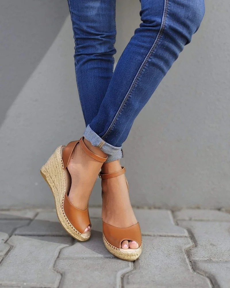 SHOEQ Tan Peep Toe Espadrille Wedge for Women | Best Price UAE