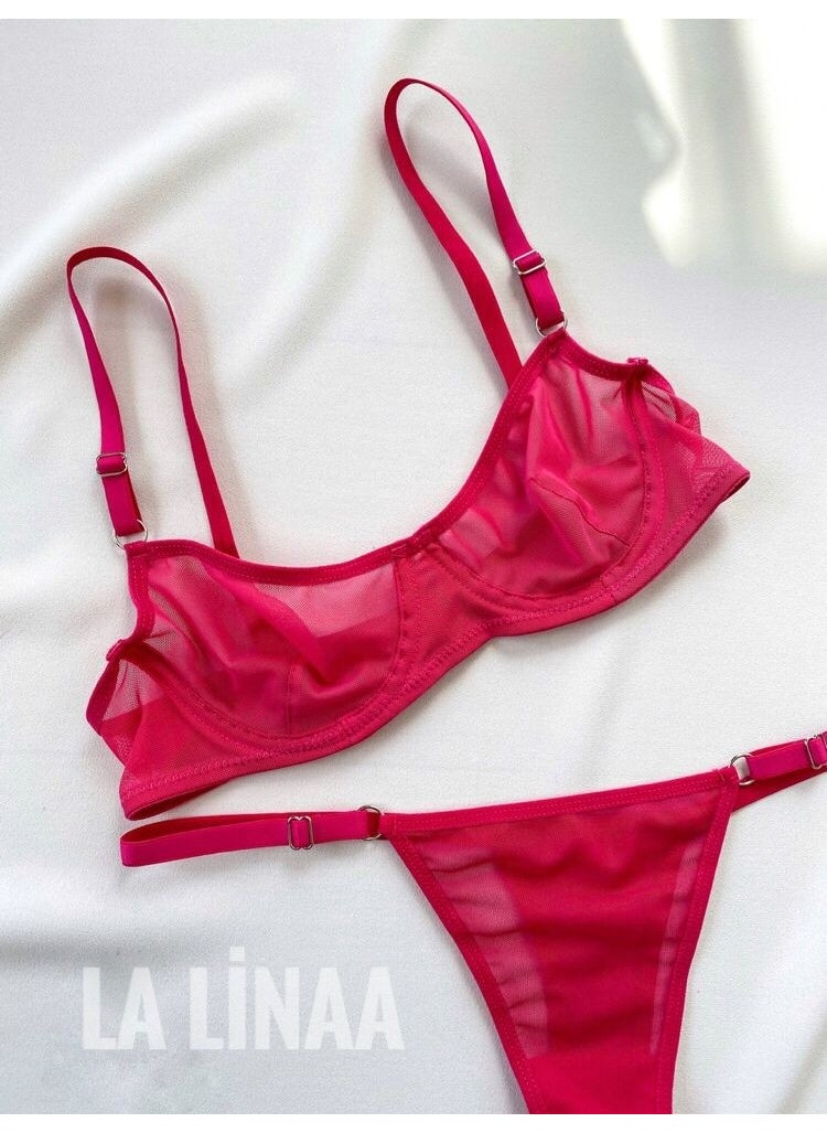 La Linaa Women Fuchsia Tulle Thong Panty Bra Set  - Image 1