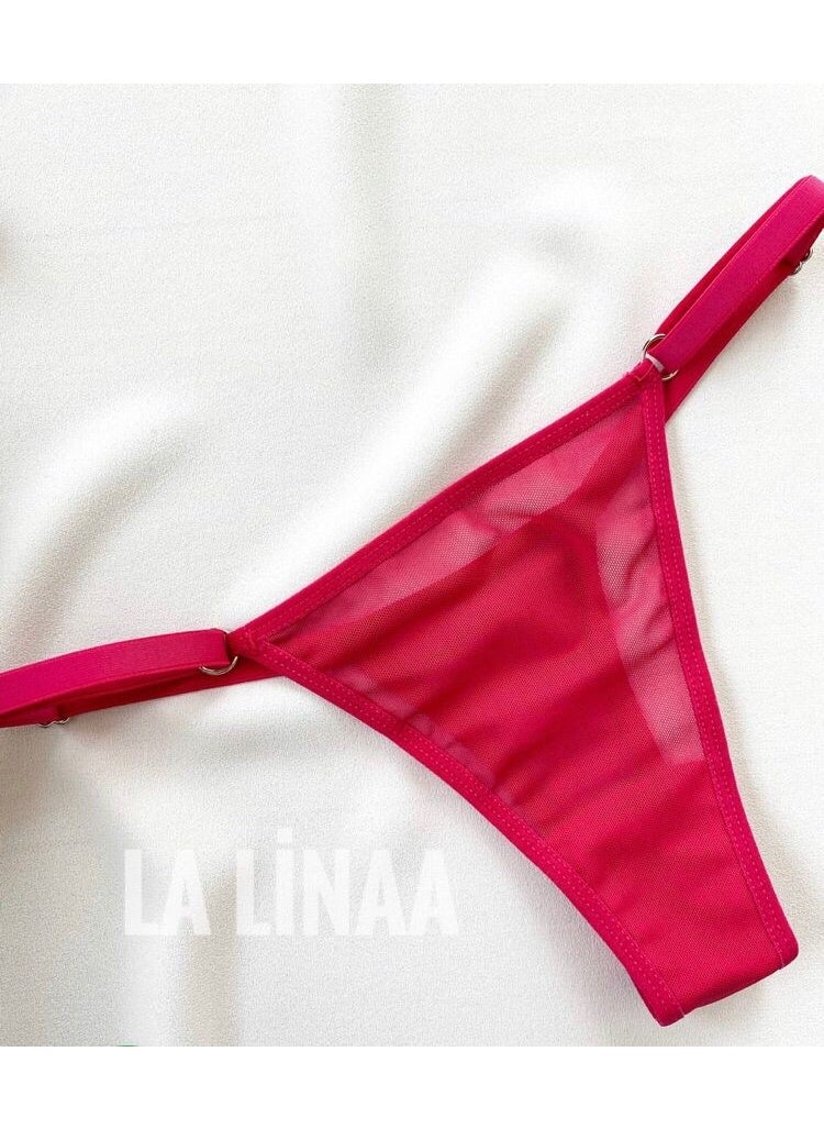 La Linaa Women Fuchsia Tulle Thong Panty Bra Set  - Image 3