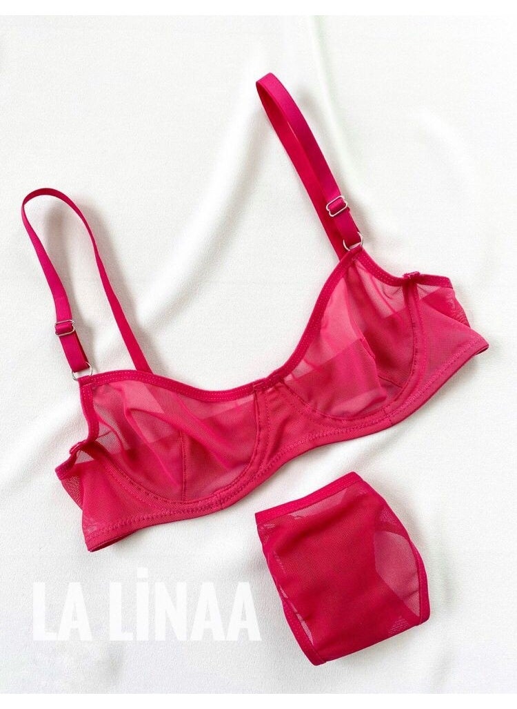 La Linaa Women Fuchsia Tulle Thong Panty Bra Set  - Image 2