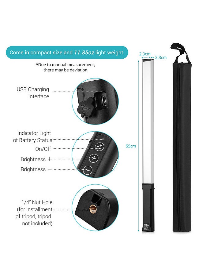 RGB Handheld LED Light Wand Rechargeable Photography Light Stick 10 Lighting Modes 12 Brightness Levels 1000 Lumens 3200-5600K Color Temperature with Portable Bag Hanging Loop Remote Control