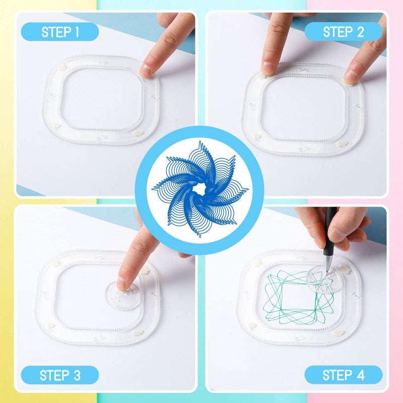 Henoyso Spiral Art Gear Geometric Ruler 18 Pcs Clear Spiral Circle Template Plastic Curve Stencils Drawing Supplies Deluxe Gear Training Ruler Kit with Pens Paper for DIY Art Crafts - Image 3