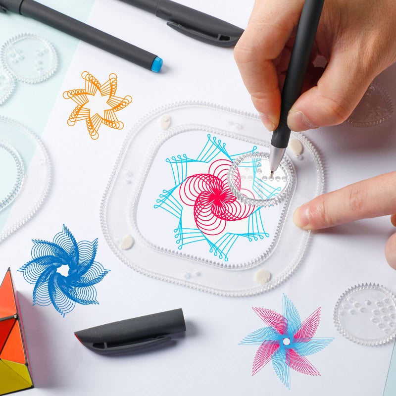 Henoyso Spiral Art Gear Geometric Ruler 18 Pcs Clear Spiral Circle Template Plastic Curve Stencils Drawing Supplies Deluxe Gear Training Ruler Kit with Pens Paper for DIY Art Crafts - Image 4