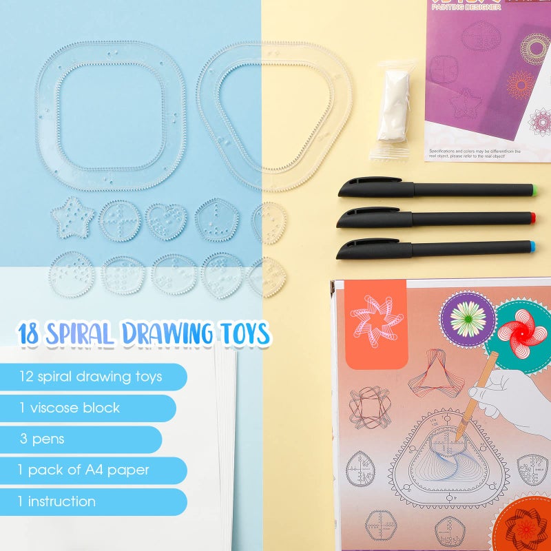 Henoyso Spiral Art Gear Geometric Ruler 18 Pcs Clear Spiral Circle Template Plastic Curve Stencils Drawing Supplies Deluxe Gear Training Ruler Kit with Pens Paper for DIY Art Crafts - Image 2