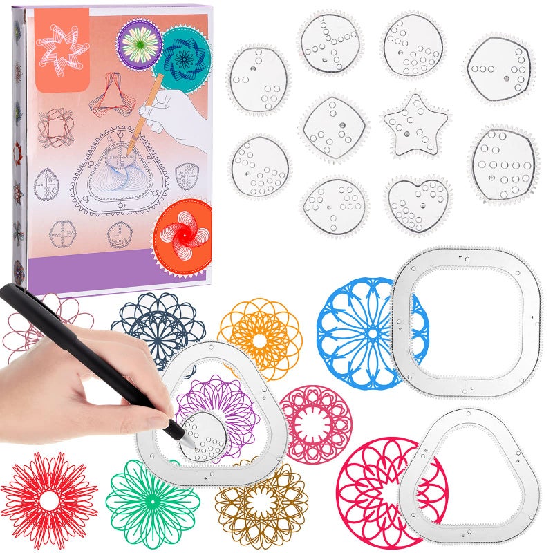 Henoyso Spiral Art Gear Geometric Ruler 18 Pcs Clear Spiral Circle Template Plastic Curve Stencils Drawing Supplies Deluxe Gear Training Ruler Kit with Pens Paper for DIY Art Crafts - Image 1
