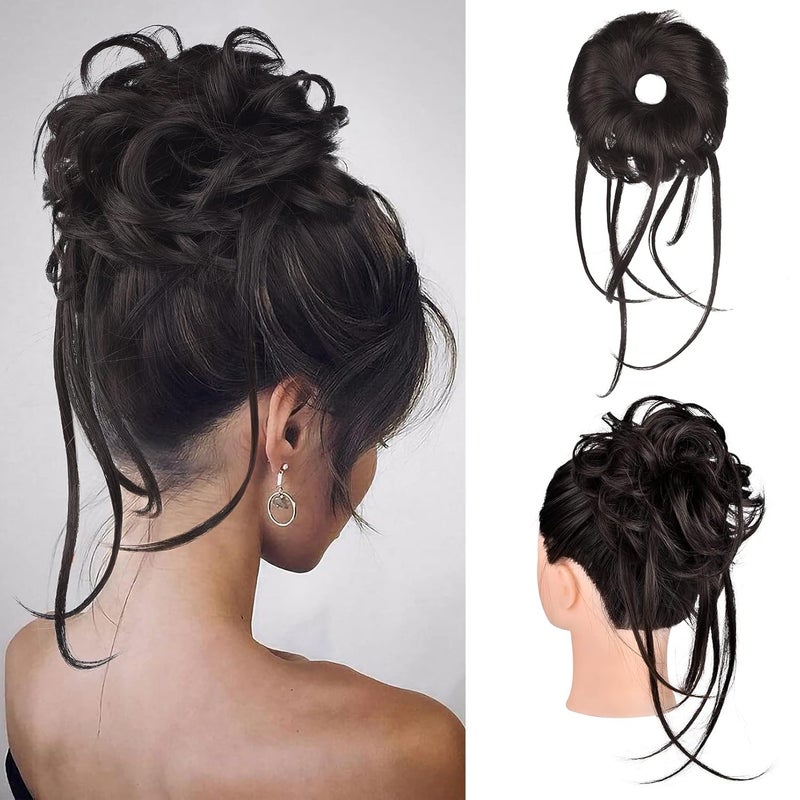 HOOJIH Messy Bun Hair Piece Super Long Tousled Updo Hair Bun Extensions Wavy Hair Wrap Ponytail Hairpieces Hair Scrunchies with Elastic Hair Band for Women HB007 Grace  Black Brown