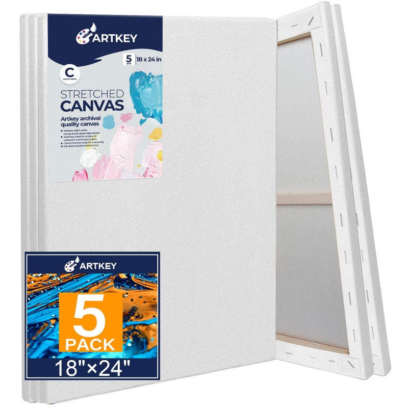Artkey Stretched Canvases for Painting 18x24 Inch 5-Pack, 10 oz Triple Primed Acid-Free 100% Cotton Blank Canvas, Rectangular Canvas for Oil Paint Acrylics Pouring & Wet Art Media, Pour Painting - Image 1