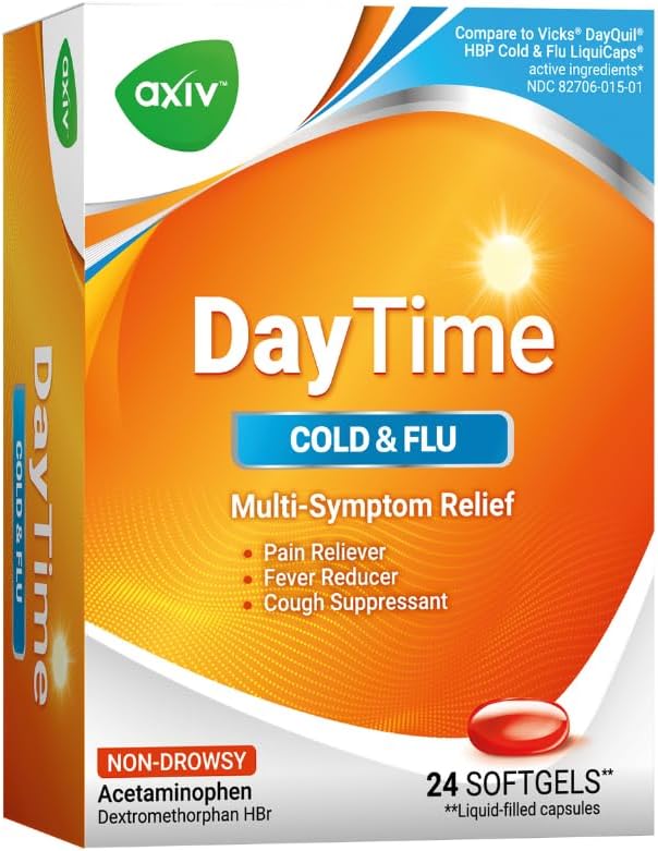 AXIV Daytime MultiSymptom Daytime Cold and Flu Relief Softgels NonDrowsy Cold Medicine Relief of Pain Sore Throat Minor Aches and Pains Fever Cough 24 Count - Image 1