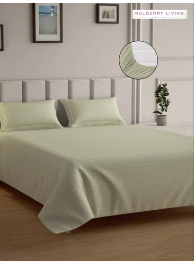 MULBERRY LIVING 100% Cotton - 300Tc Urban Grid Queen Size (160X200 Cms) Fitted Bedsheet With 2 Pillow Covers (50X75 Cm) - Pearl