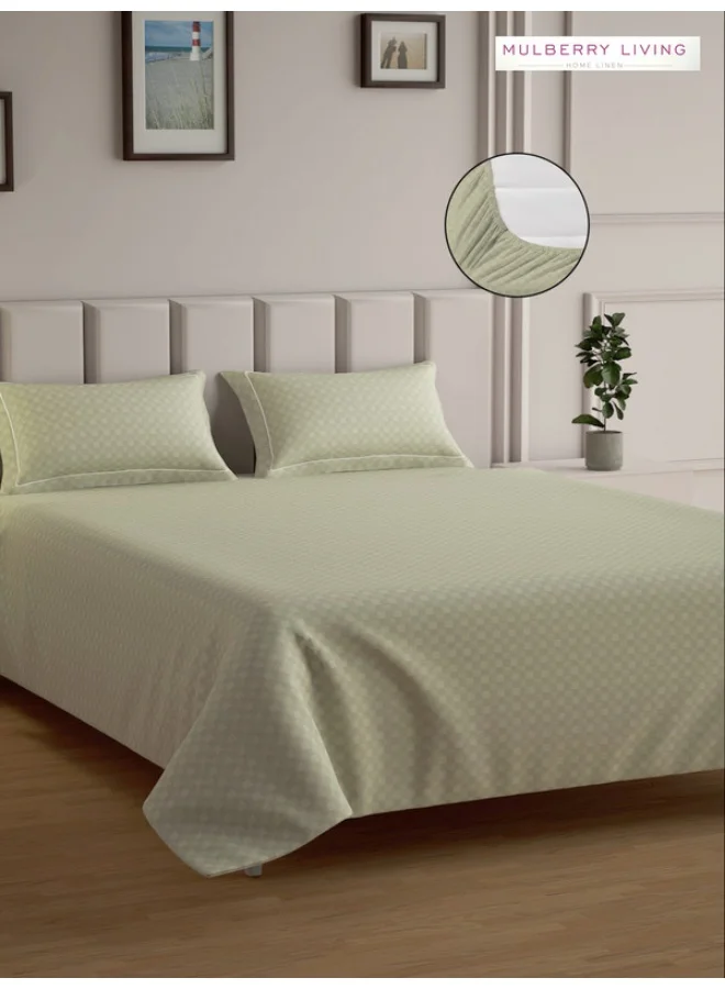MULBERRY LIVING 100% Cotton - 300Tc Urban Grid Queen Size (160X200 Cms) Fitted Bedsheet With 2 Pillow Covers (50X75 Cm) - Pearl