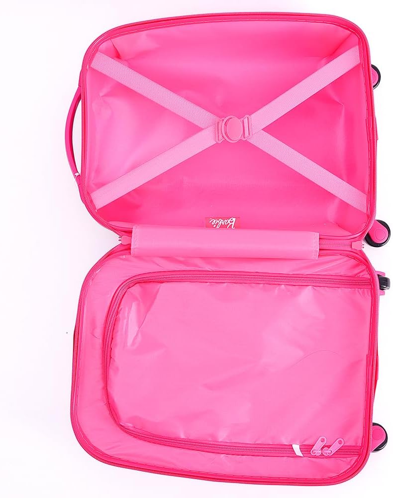 ترو كير حقيبة سفر للأطفال مرخصة من باربي، مقاس 18 بوصة، مزودة بملصقات قابلة لإعادة الاستخدام، وحقيبة سفر محمولة بأربع عجلات، وعربة خفيفة الوزن للأطفال الصغار، وهيكل متين من مادة ABS، وسحاب مضاد للسرقة، ومقبض تلسكوبي. - Image 3