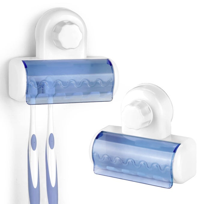 2 PCS SELF ADHESIVE TOOTHBRUSH HOLDER WITH COVER FOR BATHROOM 5SLOT WALL MOUNTED TOOTHBRUSH ORGANIZER RACK FOR SHOWER DORM CABINET