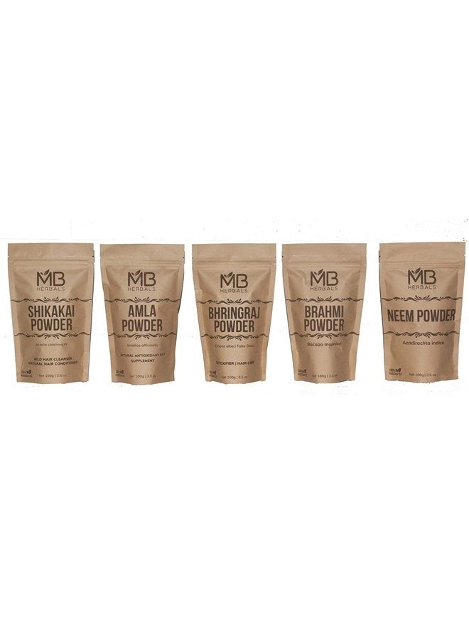 MB Herbals باقة مسحوق العناية بالشعر | شيكاكاي | نيم | براهمي | أملا | برينغراج | مساحيق | 100 جرام لكل منها - قد يختلف التعبئة