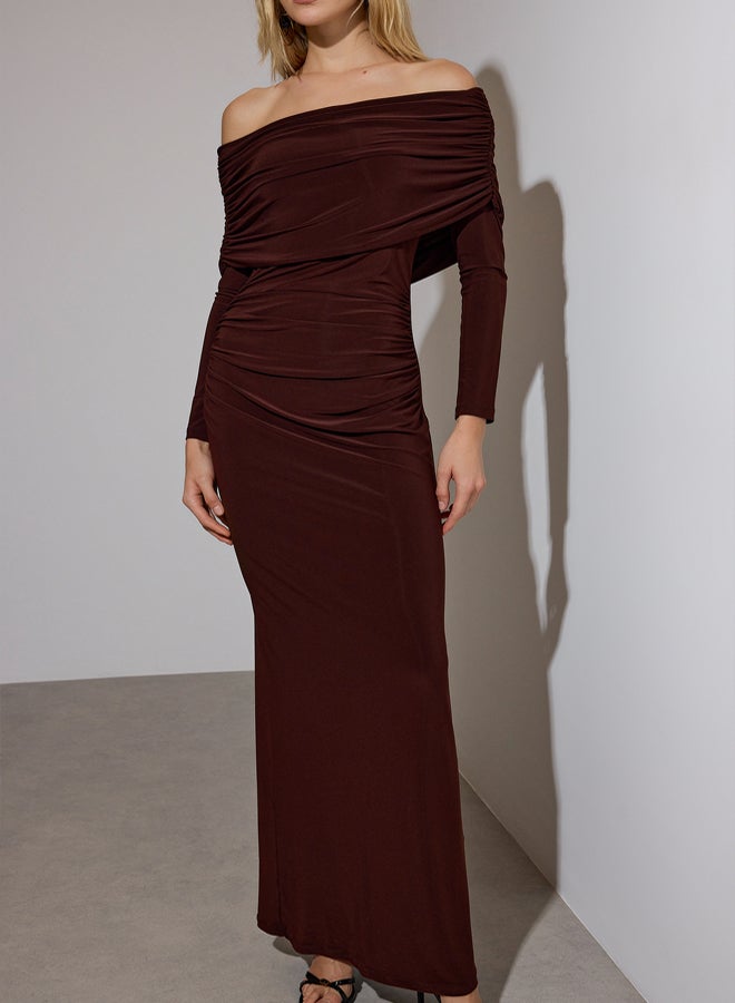 trendyol Limited Edition Brown Gathered Carmen Collar Stretchy Maxi Knitted Dress - Image 3