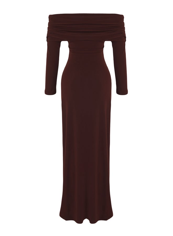 trendyol Limited Edition Brown Gathered Carmen Collar Stretchy Maxi Knitted Dress - Image 5
